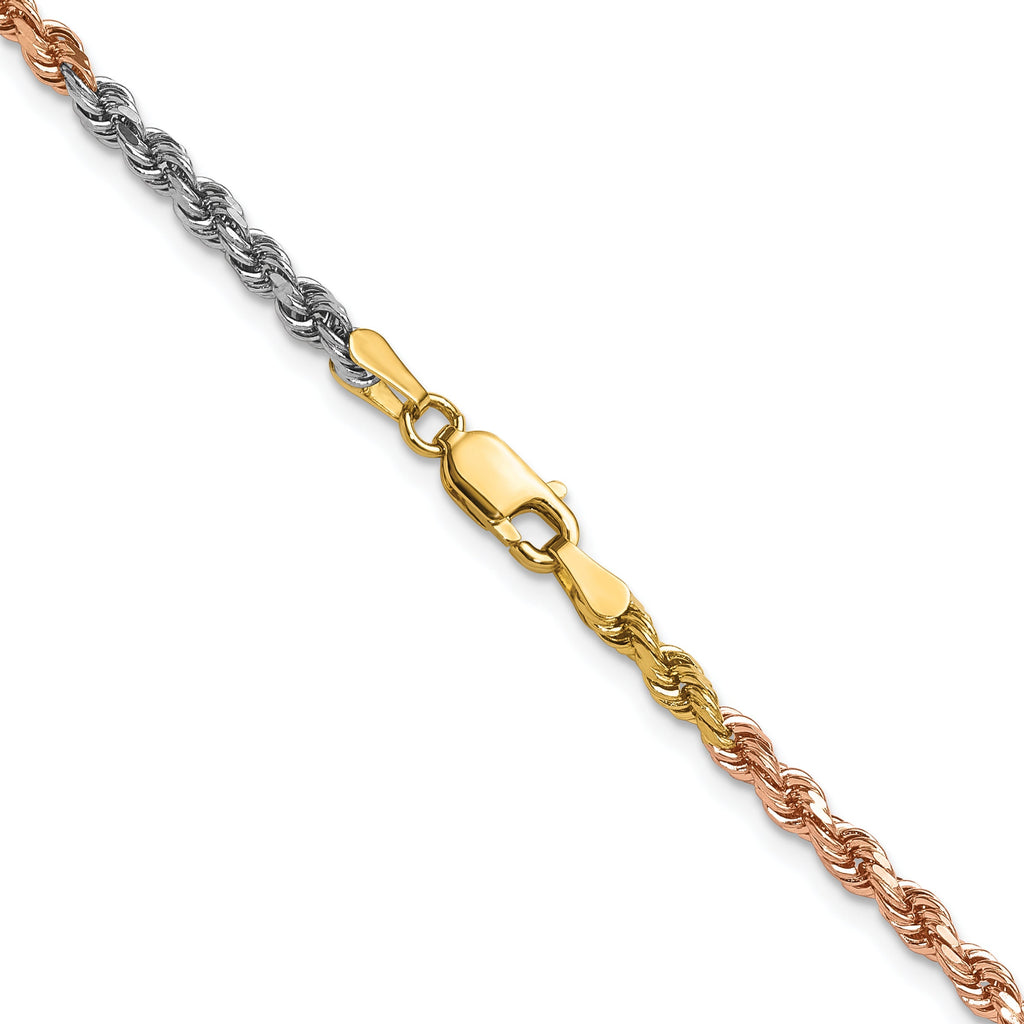 14K Tri-Color Gold Diamond-Cut Rope Chain – Yellow, White & Rose Gold – Solid Chain or Bracelet – 16"-24" Lengths – Lobster Clasp