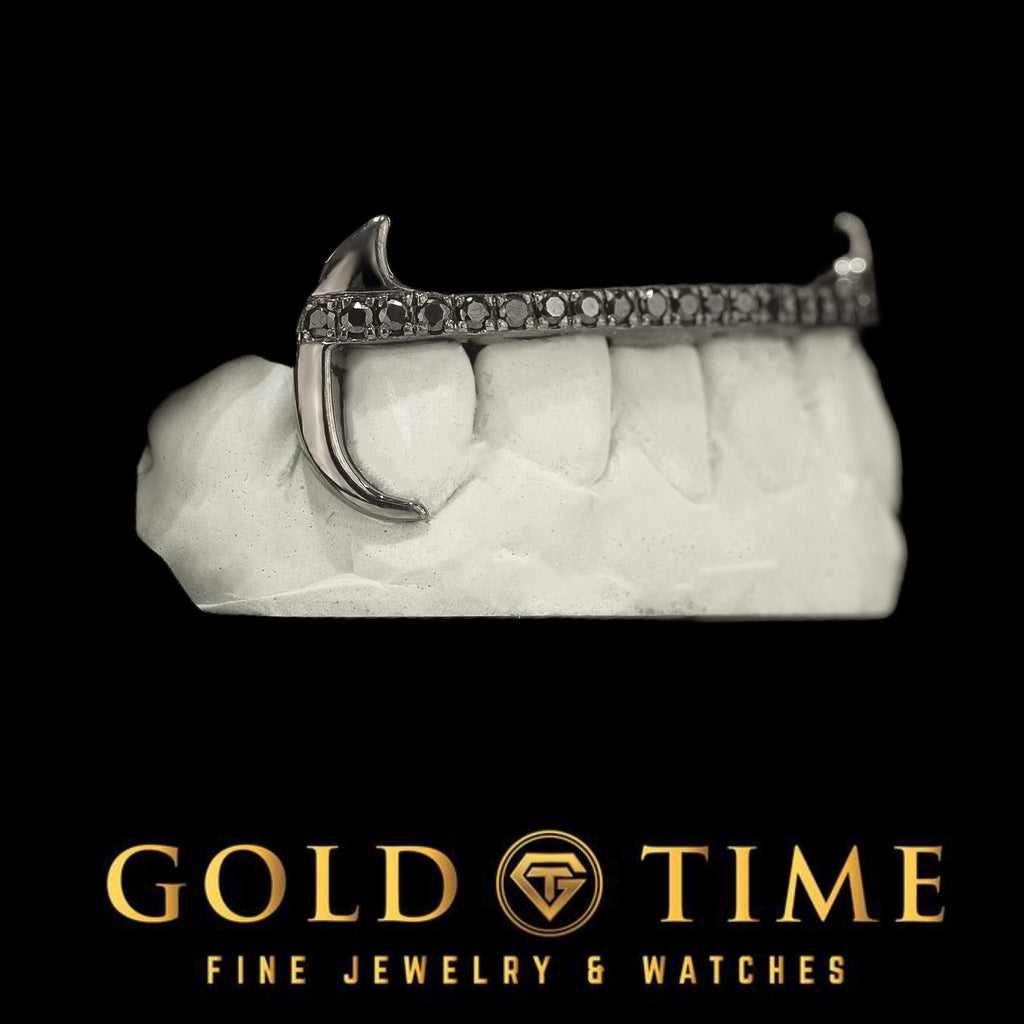 Black Rhodium Grillz – Canine Fang & Hooks with Black CZ Tips - 6-Piece Black Silver Custom Grillz