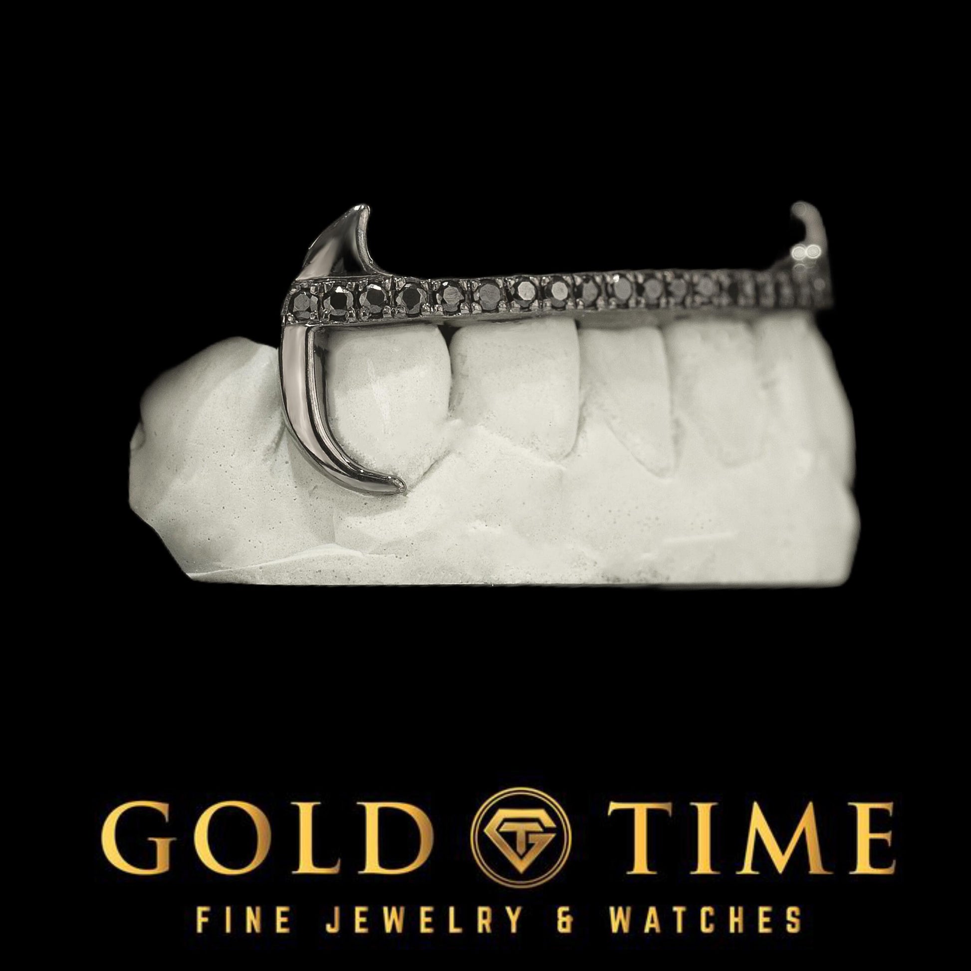 Black Rhodium Grillz – Canine Fang & Hooks with Black CZ Tips - 6-Piece Black Silver Custom Grillz