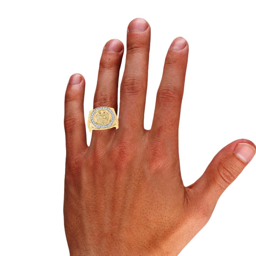 10K Yellow Gold Lion Head Ring – 0.5 cttw Natural Diamond Halo & 0.01 cttw Natural Ruby Eyes – Bold Men’s Statement Ring – Luxury Jewelry