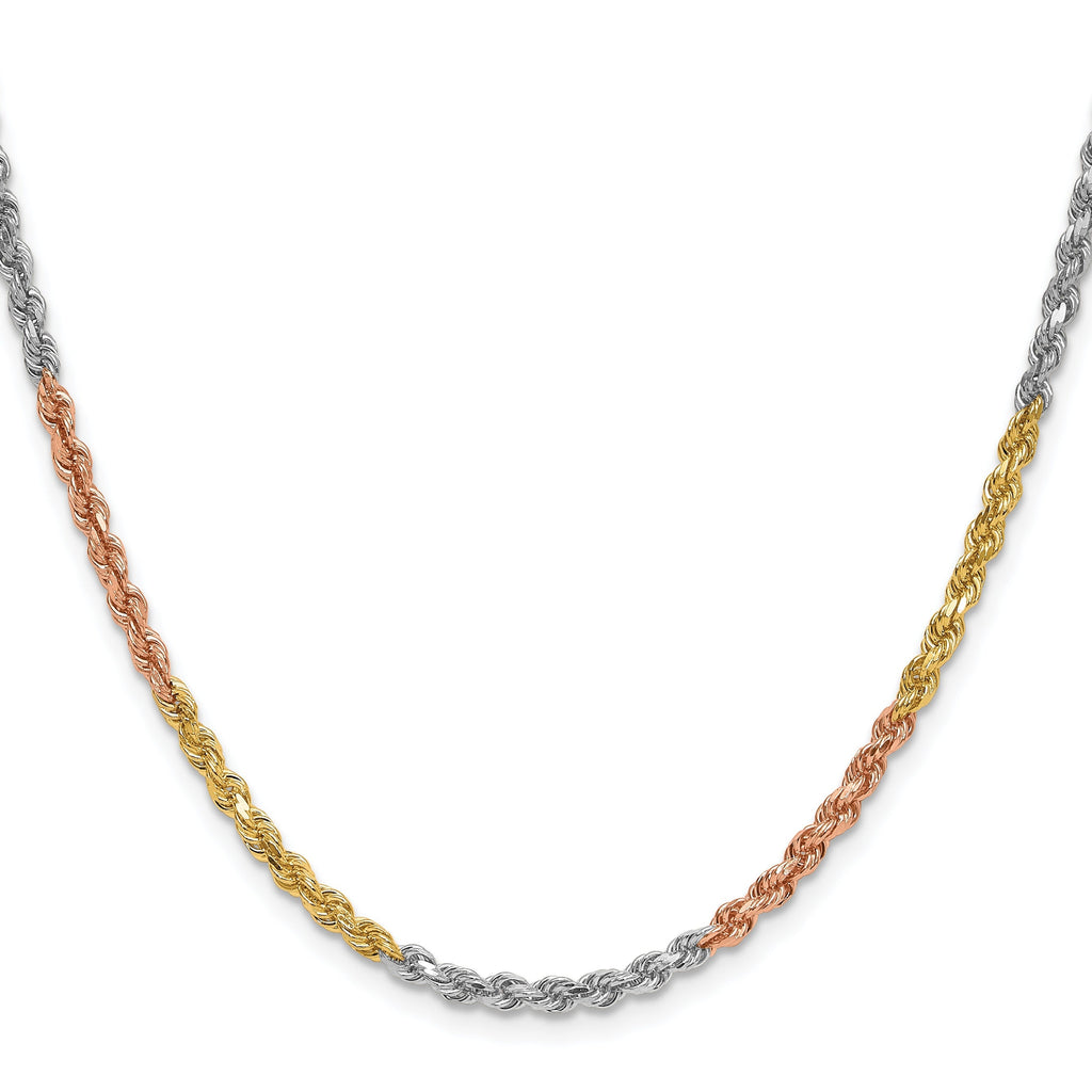 14K Tri-Color Gold Diamond-Cut Rope Chain – Yellow, White & Rose Gold – Solid Chain or Bracelet – 16"-24" Lengths – Lobster Clasp