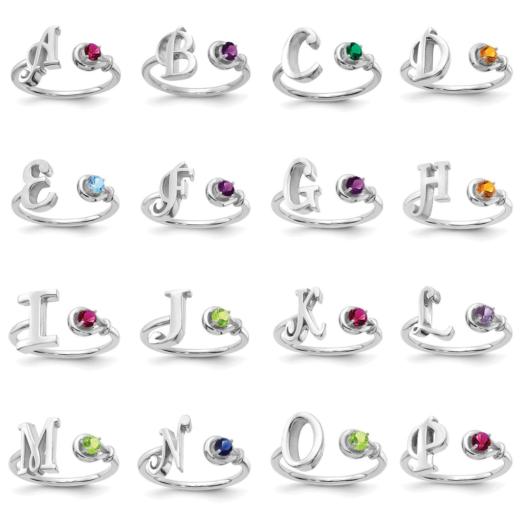Sterling Silver Initial Letter Ring with Crystal Birthstone - Minimalist Elegant Handmade