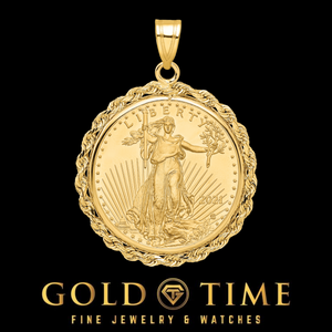 1/4 oz American Eagle gold coin pendant in a 14k gold rope edge bezel