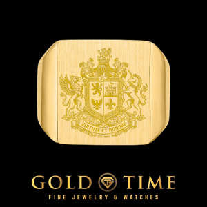 14k yellow gold men's signet ring with a family crest engraved on the brushed face, black background with the Gold Time logo