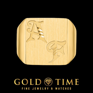 14k yellow gold men's signet ring engraved with Old English initials A and F, black background with the Gold Time logo