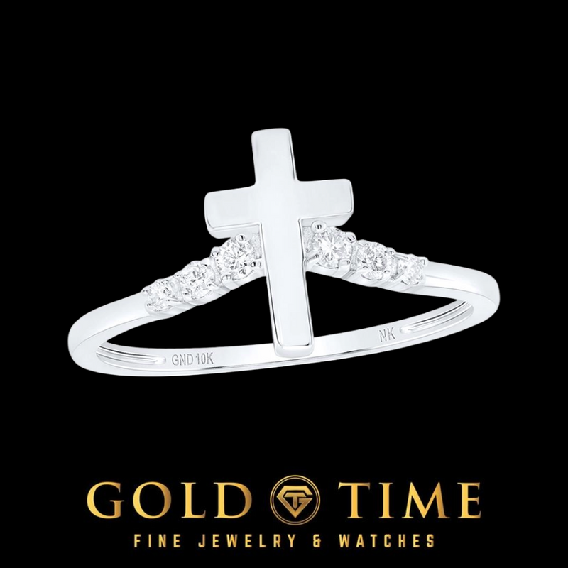 10k white gold cross ring with natural diamonds set along both sides of the curved band