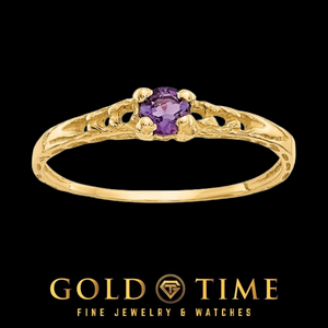 14k gold children's ring with a round purple amethyst in a four prong setting