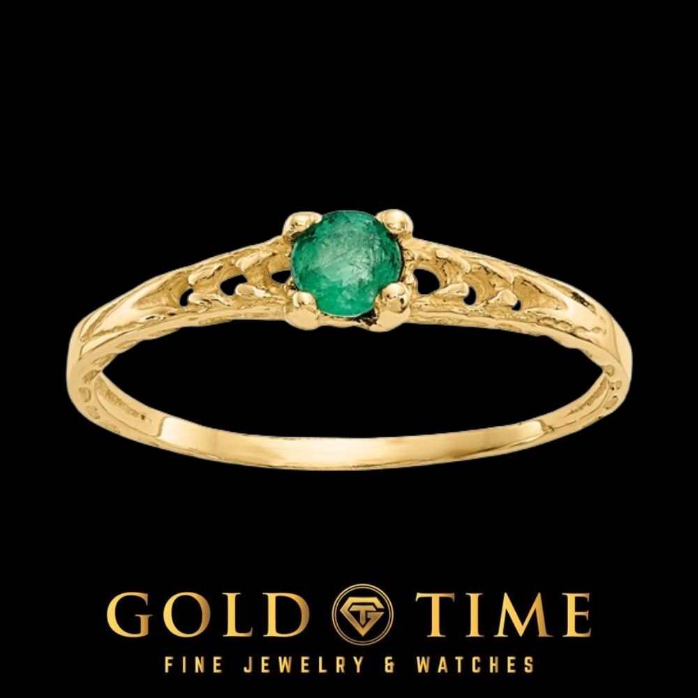 14k gold children's ring with a round green emerald in a four prong setting