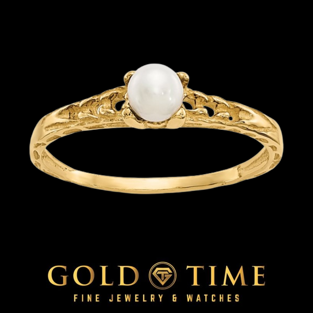 14k gold children's ring with a round white pearl in a four prong setting