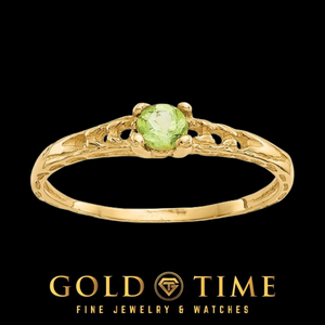 14k gold children's ring with a round olive green peridot in a four prong setting