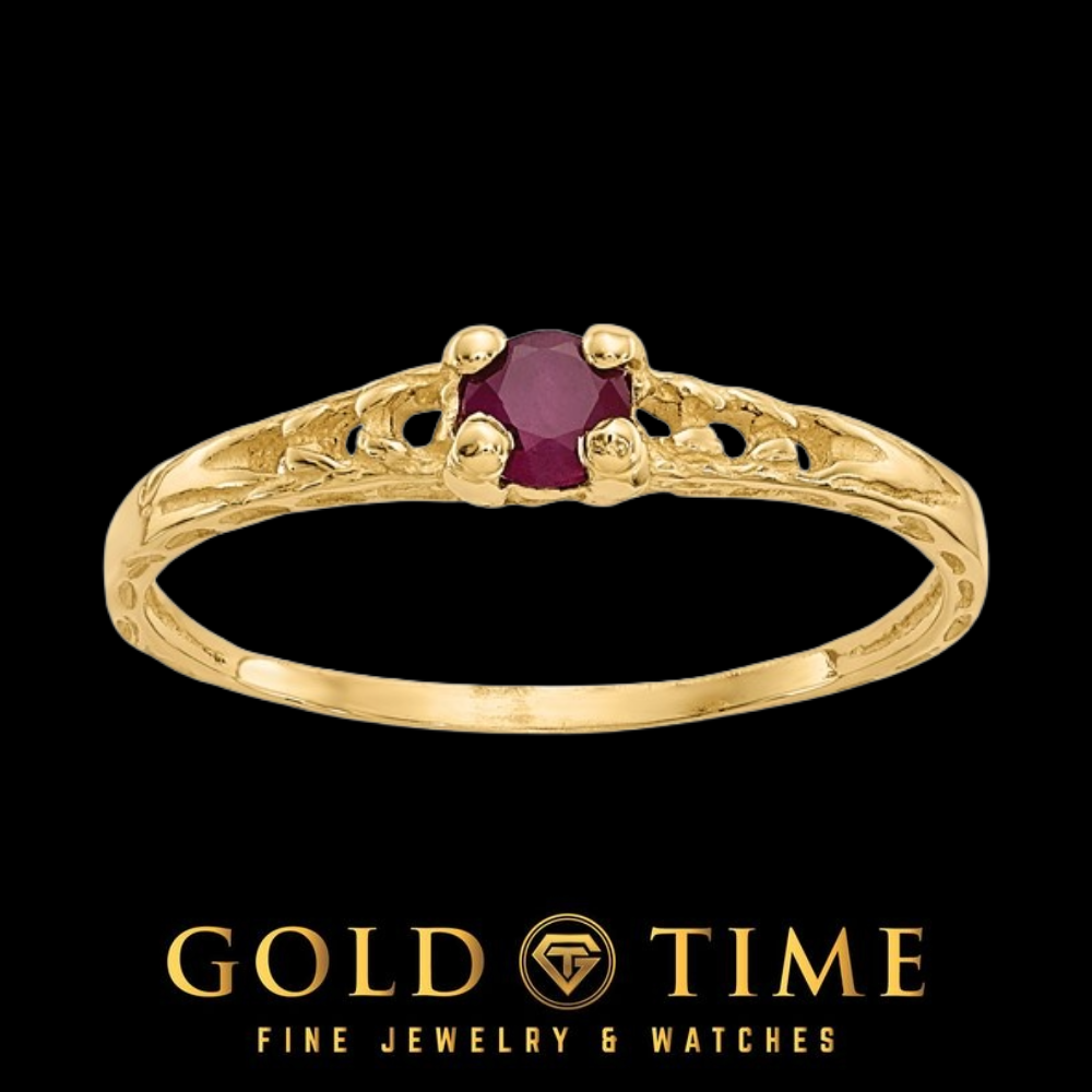 14k gold children's ring with a round red ruby in a four prong setting