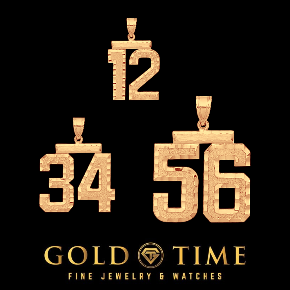 Yellow gold two digit number pendants shown together on a black background