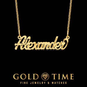 Yellow gold Alexander cursive nameplate necklace on its chain