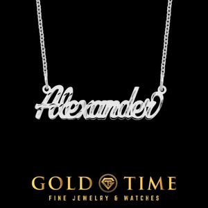 White Alexander cursive nameplate necklace on its chain