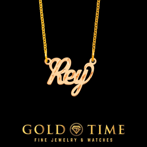 Rose Rey cursive nameplate necklace on its chain