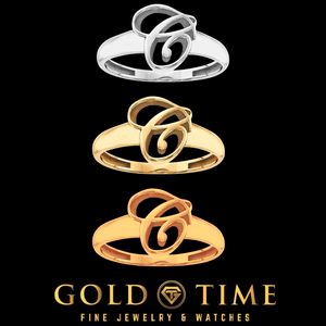 Three cursive initial C rings in white, yellow, and rose gold stacked above the Gold Time logo