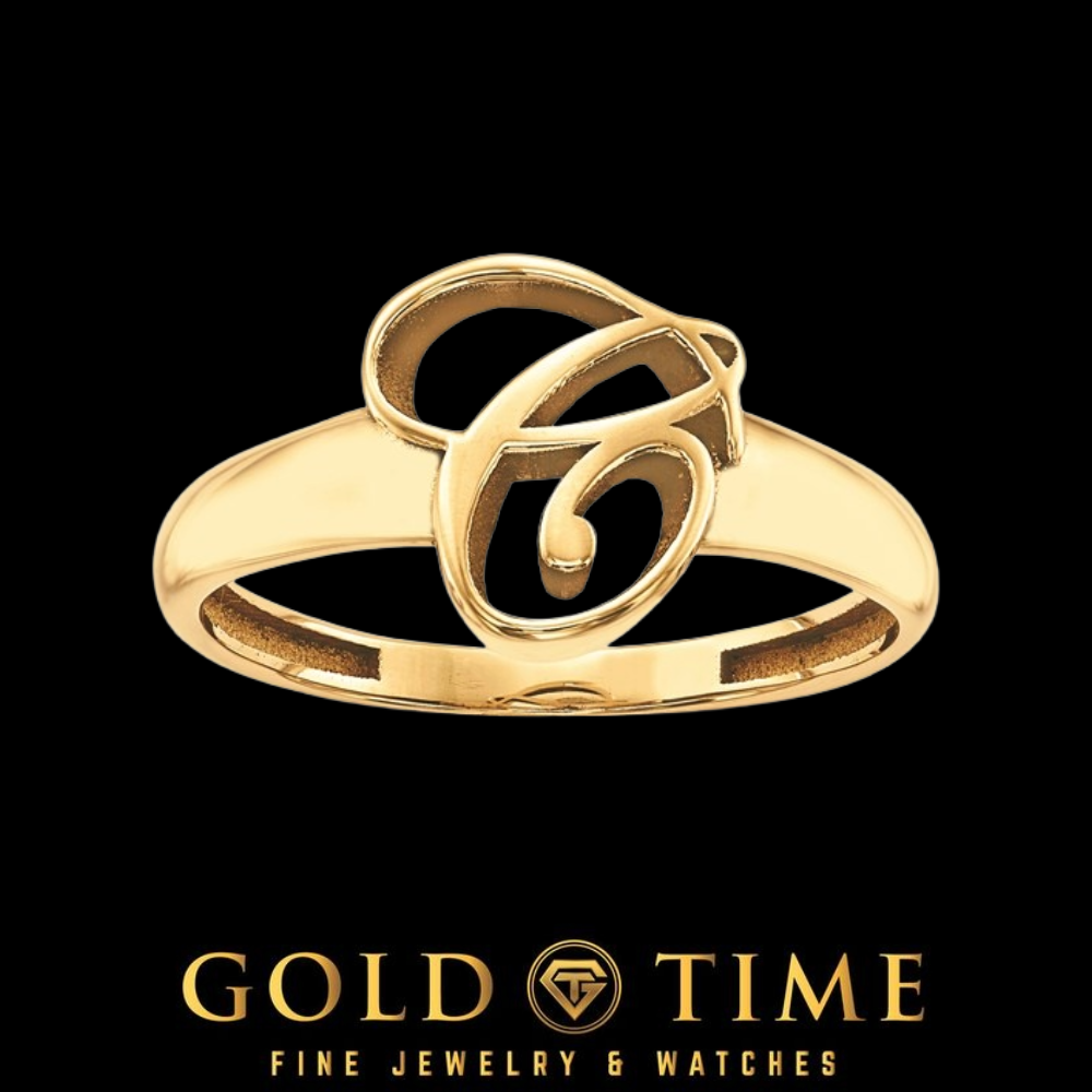 Yellow gold cursive initial ring with a script letter C on a slim polished band