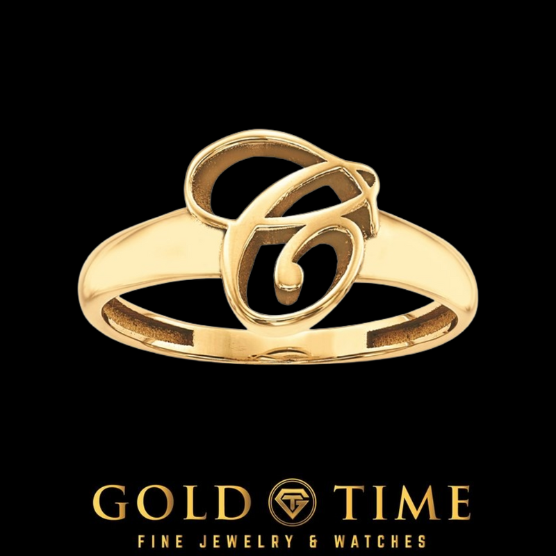 Yellow gold cursive initial ring with a script letter C on a slim polished band