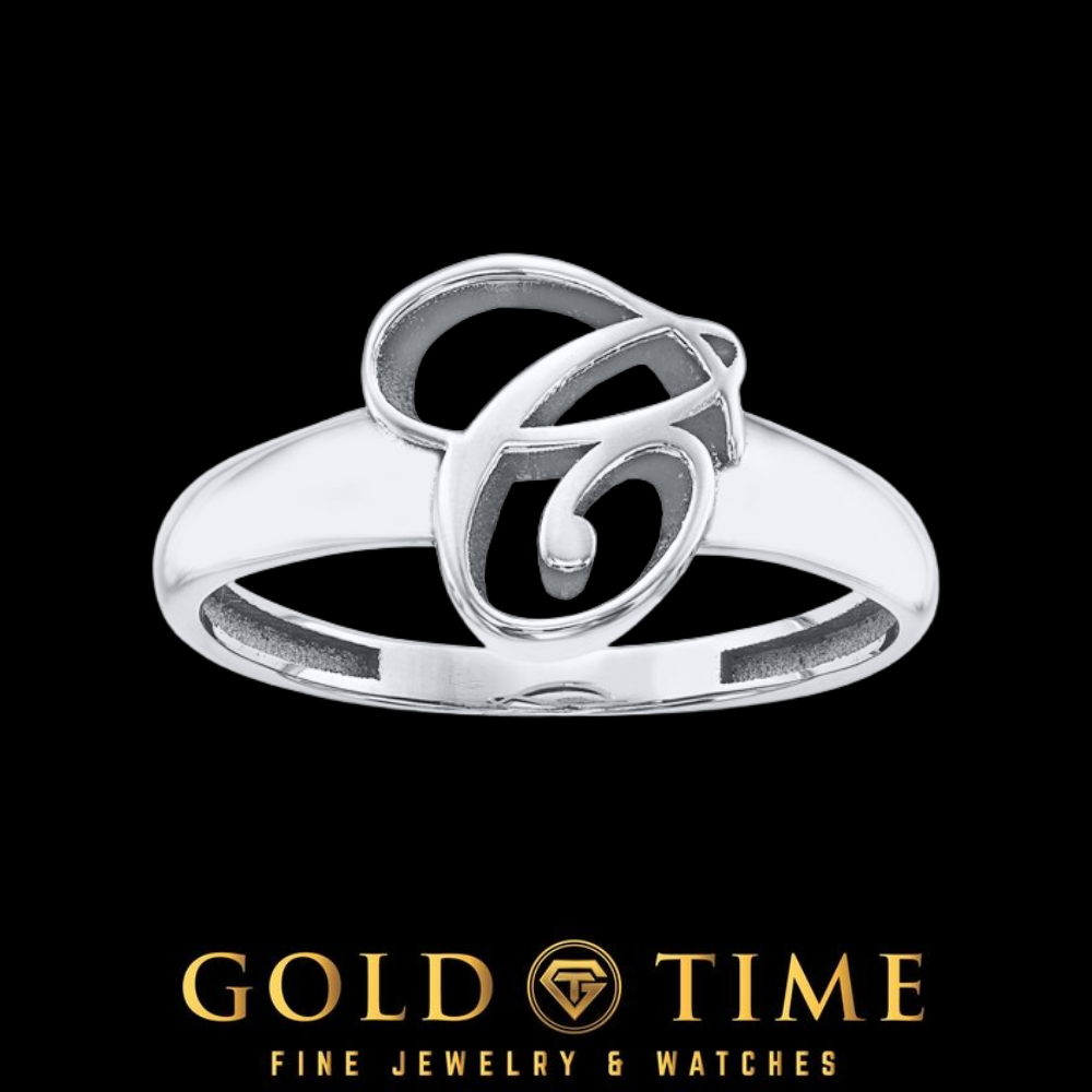 White gold cursive initial ring with a script letter C on a slim polished band