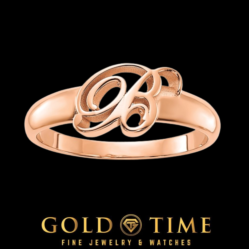 Rose gold cursive initial ring with a script letter B on a slim polished band