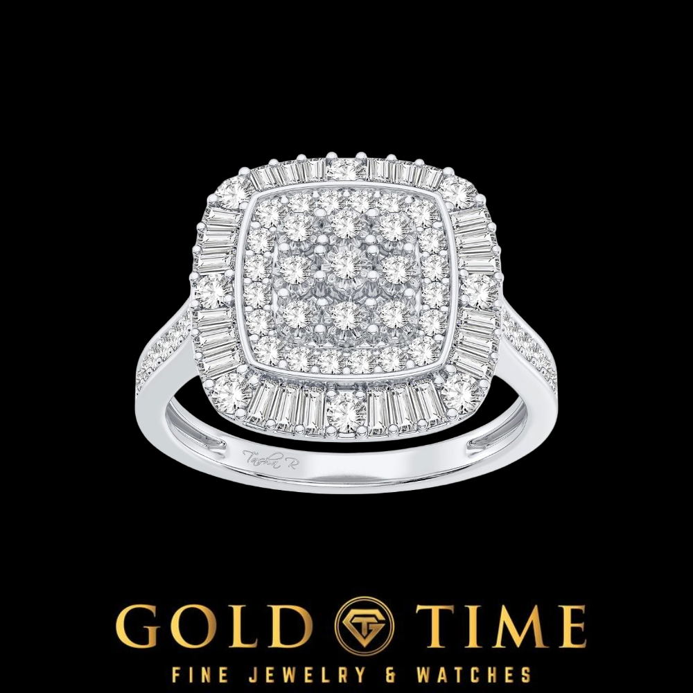10K White Gold .50 Cttw Natural Diamond Square Cluster Ring for Women | Round and Baguette Halo, Prong Set, H-I Color, I1-I2 Clarity
