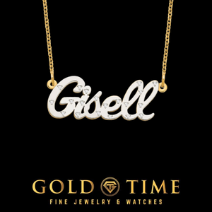 Gisell two-tone diamond name necklace on a yellow gold cable chain, shown on black