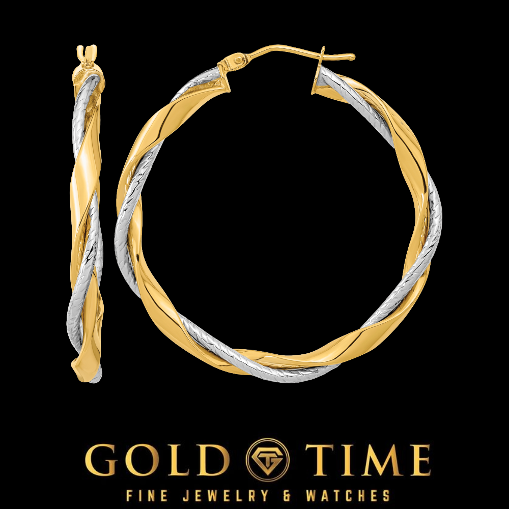 14K Two-Tone Gold Rope Twisted Hoop Earrings, 36mm | Yellow and White, Hollow