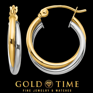 Two polished hoop earrings shown on a black background, one from the front and one from the side. The hoops have a dual-tone finish with a thick gold outer band and a thin silver inner band.