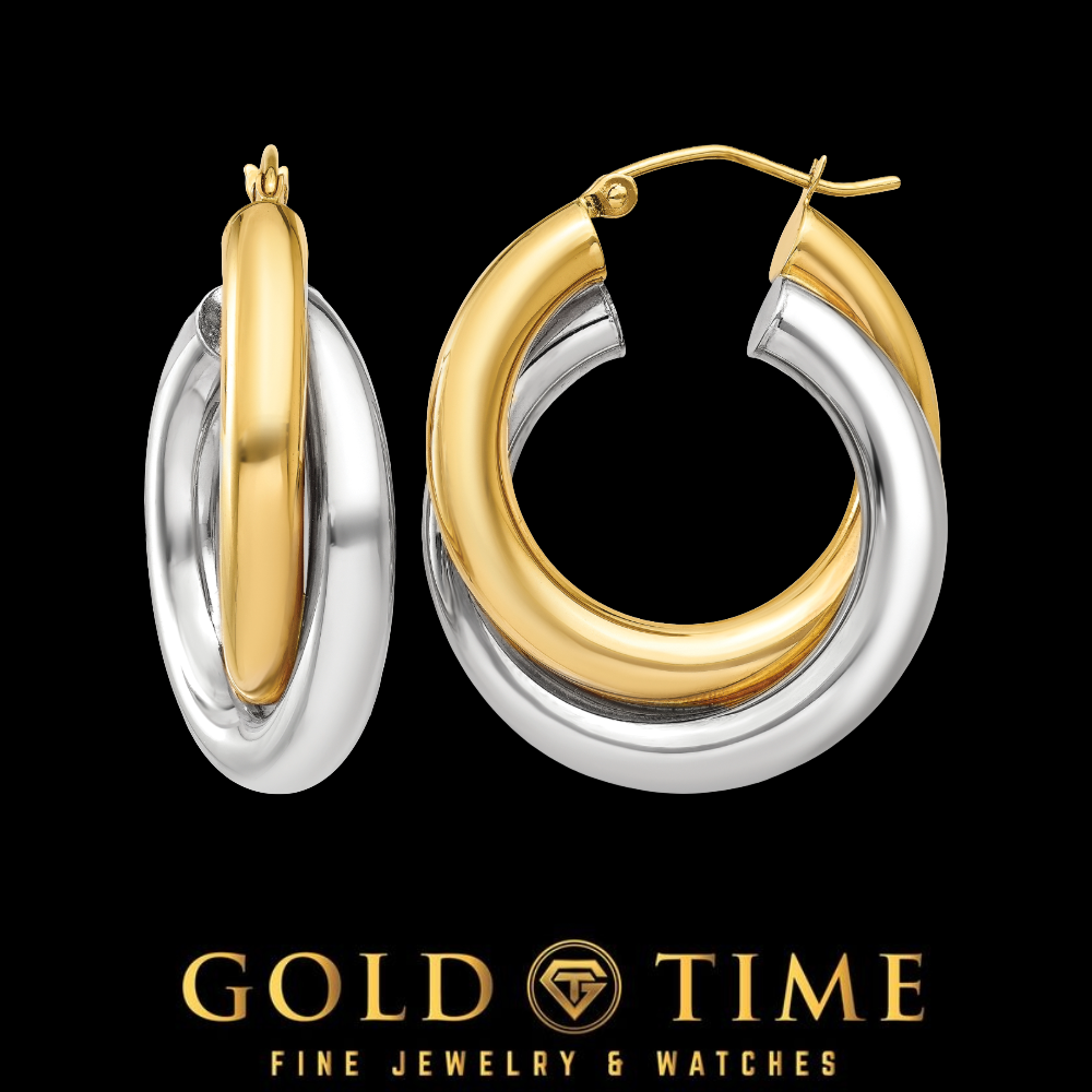 10K or 14K Two-Tone Gold Double Tube Hoop Earrings, 7mm | Yellow and White, 20mm or 28mm