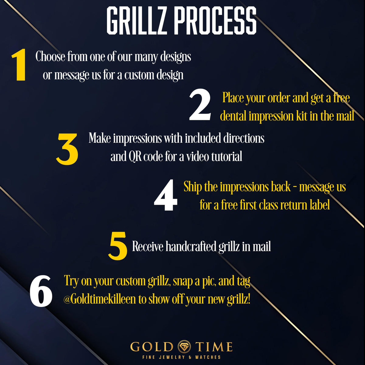 An infographic detailing the 'Grillz Process' for custom dental impression services. The graphic features a dark navy blue background with gold diagonal lines and white text, numbered steps 1 through 6 in white and yellow, and the 'Gold Time Fine Jewelry & Watches' logo at the bottom.