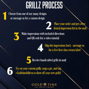 An infographic detailing the 'Grillz Process' for custom dental impression services. The graphic features a dark navy blue background with gold diagonal lines and white text, numbered steps 1 through 6 in white and yellow, and the 'Gold Time Fine Jewelry & Watches' logo at the bottom.