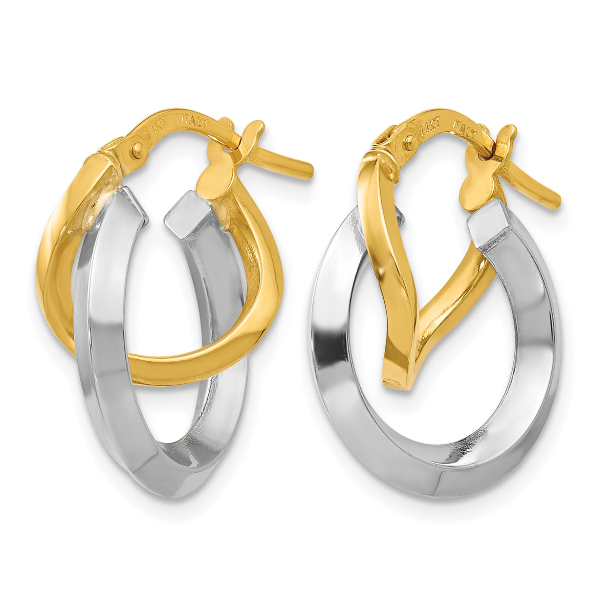 14K Two-Tone Gold Double Twisted Hoop Earrings in yellow and white gold, angled view of the pair