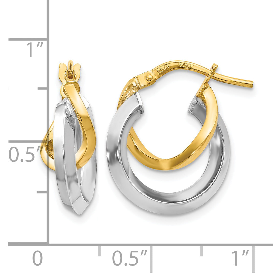14K Two-Tone Gold Double Twisted Hoop Earrings in yellow and white gold next to a ruler for size