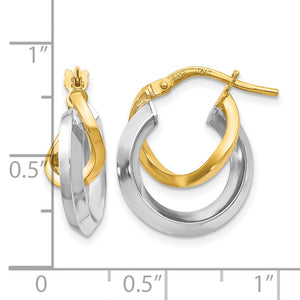 14K Two-Tone Gold Double Twisted Hoop Earrings in yellow and white gold next to a ruler for size