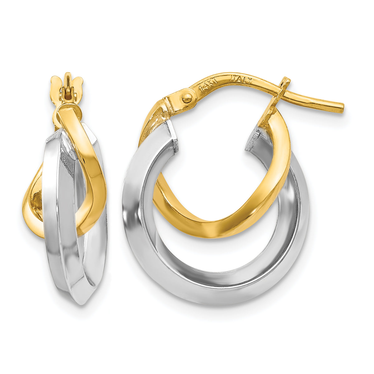 14K Yellow and White Gold small double twisted hoop earrings in yellow and white gold
