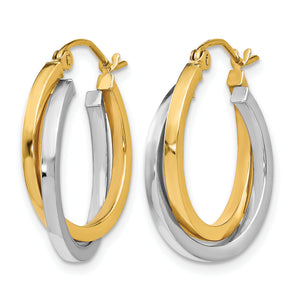 14K Two-Tone Gold Intertwined Double Hoop Earrings in yellow and white gold, angled view of the pair