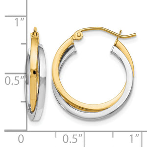 14K Two-Tone Gold Intertwined Double Hoop Earrings in yellow and white gold next to a ruler for size
