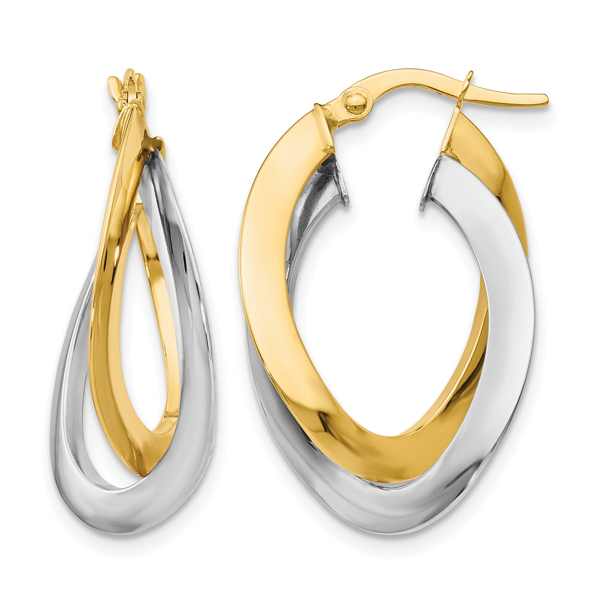 14K Yellow and White Gold twisted double hoop earrings in yellow and white gold, 27mm