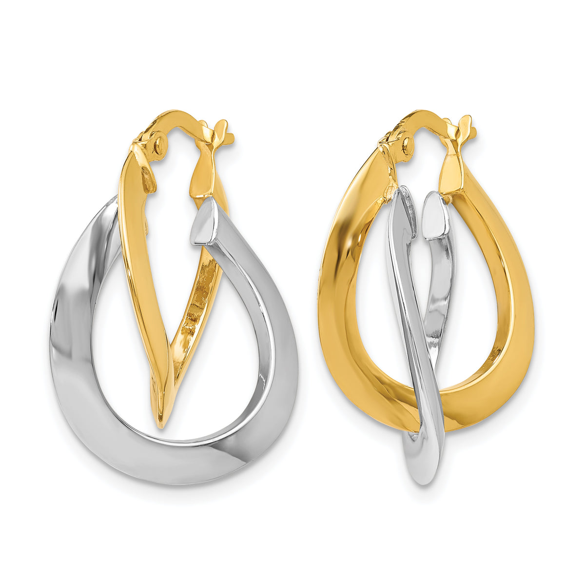 14K Two-Tone Gold Twisted Double Hoop Earrings in yellow and white gold, angled view of the pair