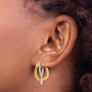 14K Two-Tone Gold Twisted Double Hoop Earrings in yellow and white gold, 21mm, worn on the ear