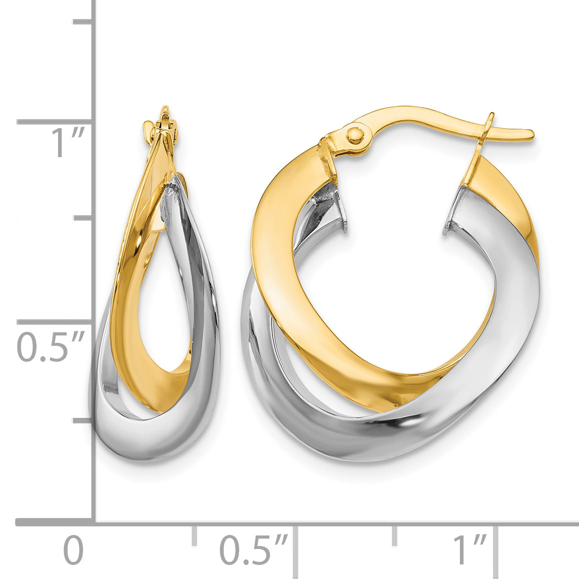 14K Two-Tone Gold Twisted Double Hoop Earrings in yellow and white gold next to a ruler for size