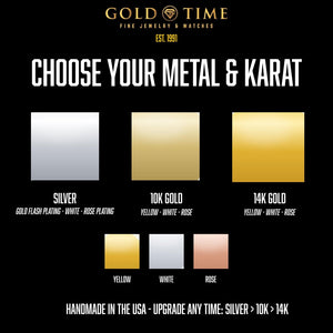 A black promotional graphic for Gold Time jewelry and watches showing metal and karat options. Large white text reads 'CHOOSE YOUR METAL & KARAT' above three gold-tone swatches labeled Silver, 10K Gold, and 14K Gold, with smaller yellow/white/rose swatches below.