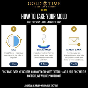 An informational graphic for Gold Time Fine Jewelry & Watches showing how to take your mold, with three numbered steps: Mix, Bite & Hold, and Mail It Back. The graphic includes the Gold Time logo at the top and text at the bottom offering help if the first mold is not right.