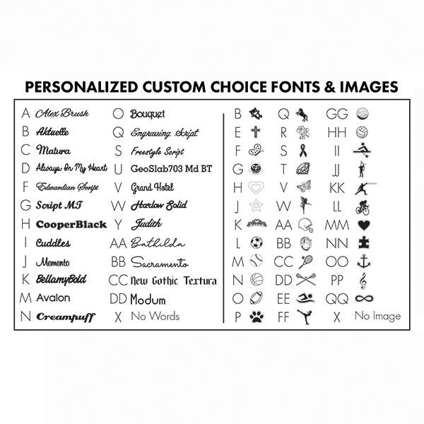 Chart of personalized custom choice fonts and images on a white background