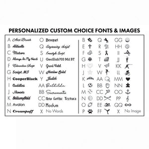 Chart of personalized custom choice fonts and images on a white background