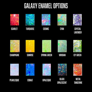 Galaxy enamel color chart showing options including scarlet, turquoise, cosmic, cyan, crystal lavender, opalescent and metal sunshine