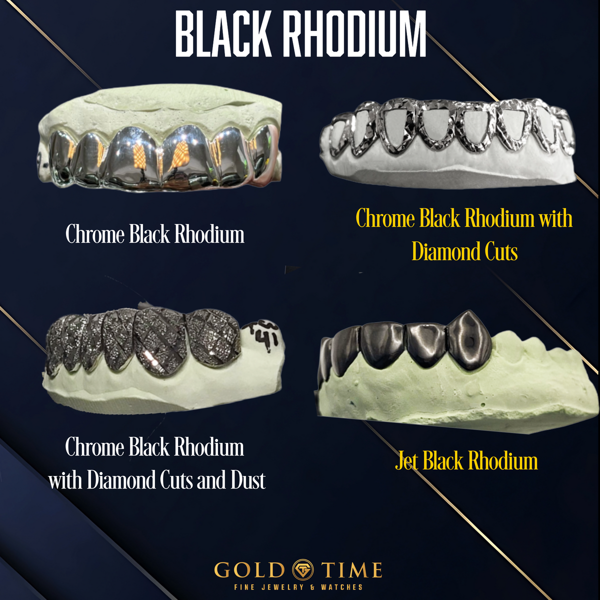 Infographic of four views of black rhodium tooth caps and dental molds on a dark blue graphic background, labeled Chrome Black Rhodium, Chrome Black Rhodium with Diamond Cuts, Chrome Black Rhodium with Diamond Cuts and Dust, and Jet Black Rhodium. The Gold Time Fine Jewelry & Watches logo appears at the bottom.