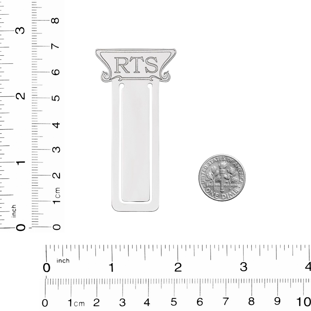 A silver-toned bookmark with the letters 'RTS' engraved on a decorative top, shown alongside inch rulers for scale and a coin for size reference on a white background.