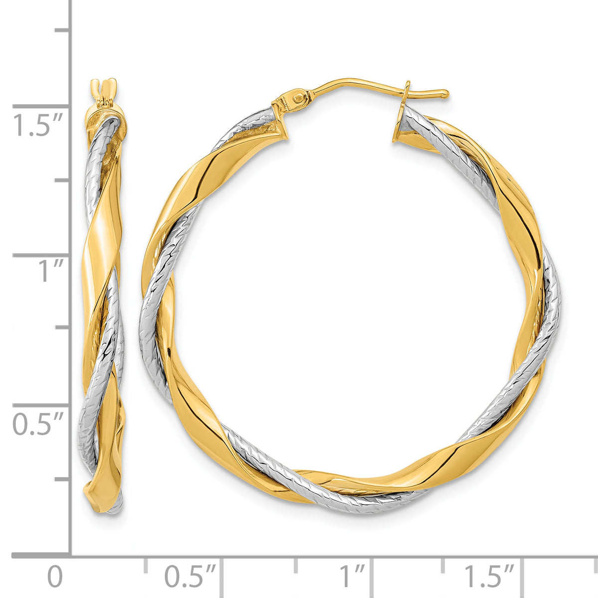 14K Two-Tone Gold Rope Twisted Hoop Earrings, 36mm | Yellow and White, Hollow