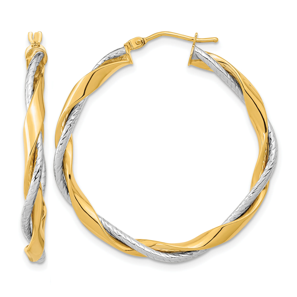 14K Yellow and White Gold large round rope twisted hoop earrings in yellow and white gold